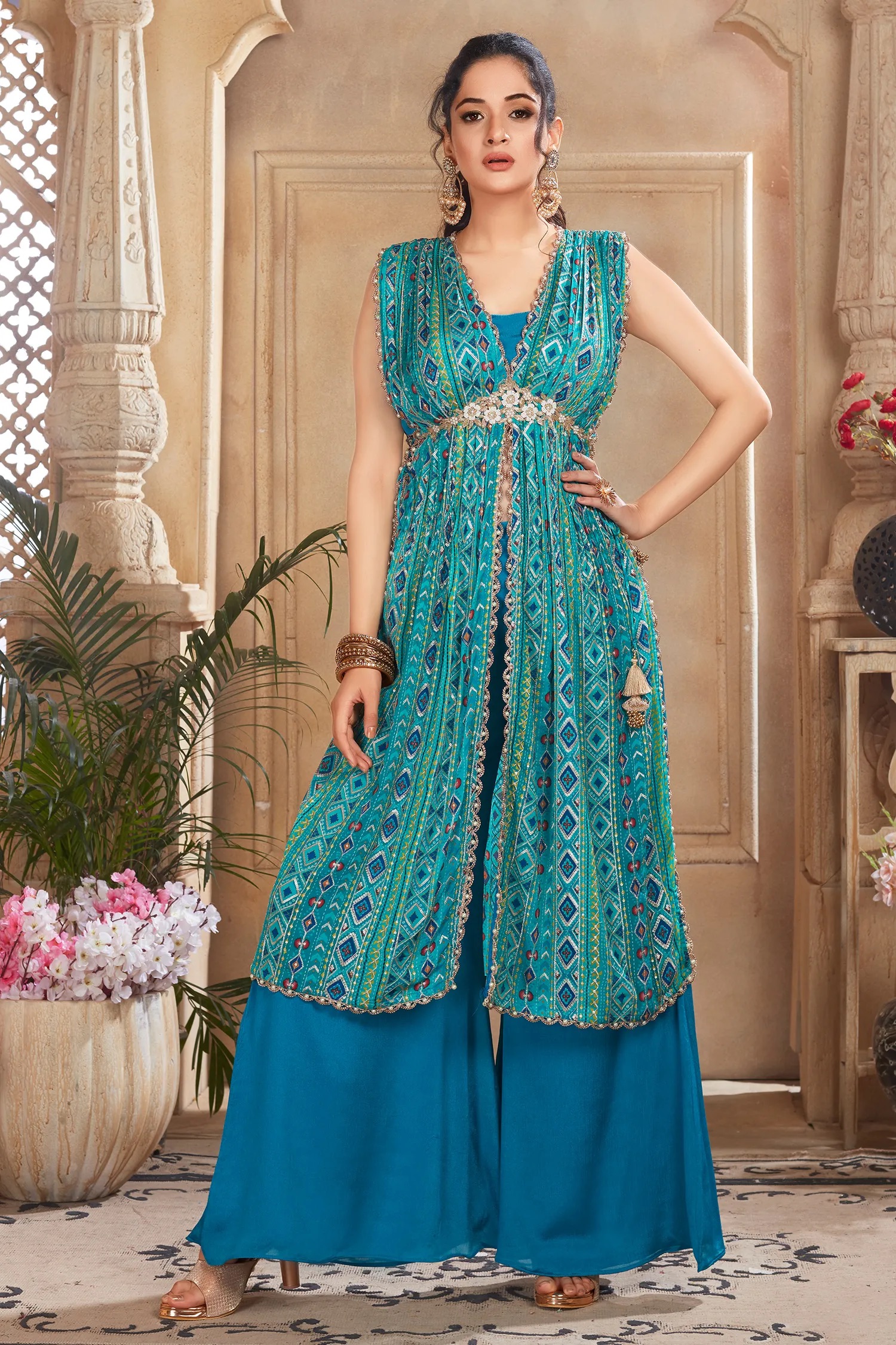 Chinon Crop Top Palazzo Suit with Jacket