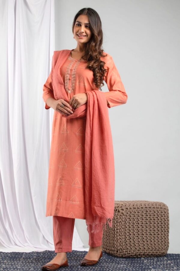 Deep orange kurta set with yoke work