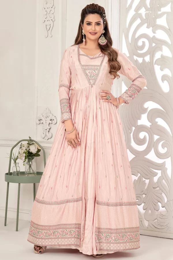 Peach Muslin Silk Embroidered Flared Anarkali Suit With Separate Jacket